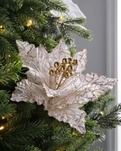 WeRChristmas Flowers & Foliage|Flowers & Foliage^Artificial Poinsettia Flower, White And Gold, 32 Cm