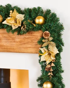 WeRChristmas Decorated Garlands^Extra Thick Decorated Garland, Cream/Gold, 9 Ft