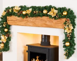 WeRChristmas Decorated Garlands^Extra Thick Decorated Garland, Cream/Gold, 9 Ft