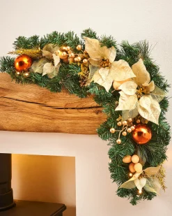 WeRChristmas Decorated Garlands|Pre Lit Garlands^Pre-Lit Decorated Arch Garland With 20 Warm White LEDs, Copper/Gold, 3 Ft