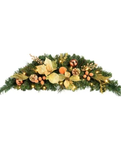 WeRChristmas Decorated Garlands|Pre Lit Garlands^Pre-Lit Decorated Arch Garland With 20 Warm White LEDs, Copper/Gold, 3 Ft