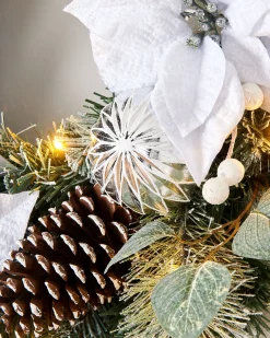 WeRChristmas Decorated Wreaths|Pre Lit Wreaths^Pre-Lit Decorated Frosted Wreath, White/Silver, 60 Cm