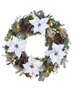 WeRChristmas Decorated Wreaths|Pre Lit Wreaths^Pre-Lit Decorated Frosted Wreath, White/Silver, 60 Cm