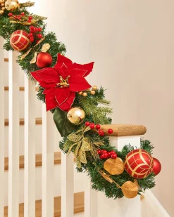 WeRChristmas Decorated Garlands|Pre Lit Garlands^Pre-Lit Decorated Garland, Red/Gold, 9 Ft