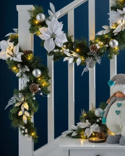 WeRChristmas Decorated Garlands|Pre Lit Garlands^Pre-Lit Decorated Garland, Silver/White, 9 Ft