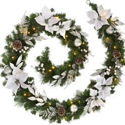WeRChristmas Decorated Garlands|Pre Lit Garlands^Pre-Lit Decorated Garland, Silver/White, 9 Ft