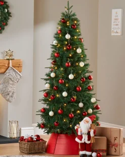 WeRChristmas Budget Christmas Trees|Pre Lit Christmas Trees^Pre-Lit Decorated Pop-Up Christmas Tree, Red & White, 6 Ft