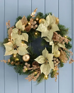 WeRChristmas Decorated Wreaths|Pre Lit Wreaths^Pre-Lit Decorated Wreath, Cream/Gold, 60 Cm