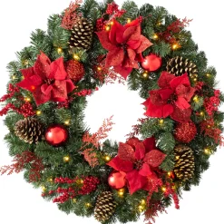 WeRChristmas Decorated Wreaths|Pre Lit Wreaths^Pre-Lit Extra Thick Decorated Wreath, Red/Gold, 76 Cm
