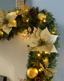WeRChristmas Decorated Garlands|Pre Lit Garlands^Pre-Lit Extra Thick Garland, Static, Cream/Gold, 9 Ft