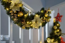 WeRChristmas Decorated Garlands|Pre Lit Garlands^Pre-Lit Extra Thick Garland, Cream/Gold, 9 Ft