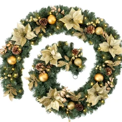 WeRChristmas Decorated Garlands|Pre Lit Garlands^Pre-Lit Extra Thick Garland, Cream/Gold, 9 Ft