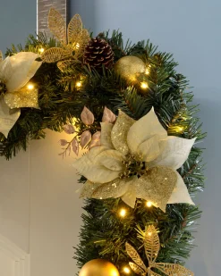 WeRChristmas Decorated Garlands|Pre Lit Garlands^Pre-Lit Extra Thick Garland, Cream/Gold, 9 Ft