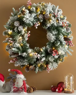 WeRChristmas Decorated Wreaths|Pre Lit Wreaths^Pre-Lit Extra Thick Mixed Pine Snow Flocked Wreath, Pinecones & Berries, 76 Cm