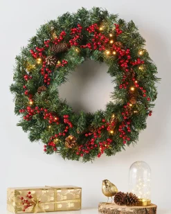 WeRChristmas Decorated Wreaths|Pre Lit Wreaths^Pre-Lit Extra Thick Wreath, Pinecones & Berries, 76 Cm