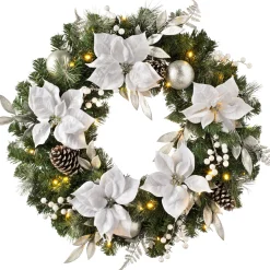 WeRChristmas Decorated Wreaths|Pre Lit Wreaths^Pre-Lit Extra Thick Wreath, Silver/White, 76 Cm