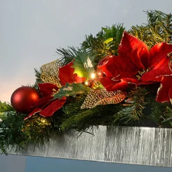 WeRChristmas Decorated Garlands|Pre Lit Garlands^Pre-Lit Frosted Decorated Arch Garland With 20 Warm White LEDs, Red/Gold, 3 Ft