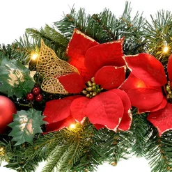 WeRChristmas Decorated Garlands|Pre Lit Garlands^Pre-Lit Frosted Decorated Arch Garland With 20 Warm White LEDs, Red/Gold, 3 Ft