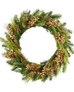 WeRChristmas Decorated Wreaths|Pre Lit Wreaths^Pre-Lit Gold Berry Mixed Tip Wreath, 76 Cm