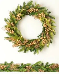 WeRChristmas Decorated Wreaths|Pre Lit Wreaths^Pre-Lit Gold Berry Mixed Tip Wreath, 76 Cm