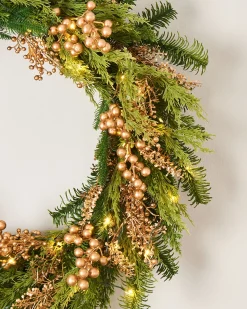 WeRChristmas Decorated Wreaths|Pre Lit Wreaths^Pre-Lit Gold Berry Mixed Tip Wreath, 76 Cm