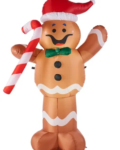WeRChristmas Inflatables^Pre-Lit Inflatable Gingerbread Man With Candy Cane, 5 Ft