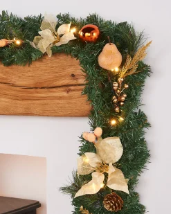 WeRChristmas Decorated Garlands|Pre Lit Garlands^Pre-Lit Multi-Function Decorated Garland, Copper/Gold, 9 Ft