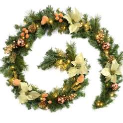 WeRChristmas Decorated Garlands|Pre Lit Garlands^Pre-Lit Multi-Function Decorated Garland, Copper/Gold, 9 Ft