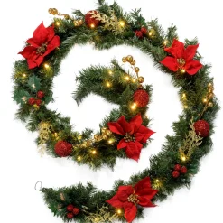 WeRChristmas Decorated Garlands|Pre Lit Garlands^Pre-Lit Multi-Function Decorated Garland, Red/Gold, 9 Ft