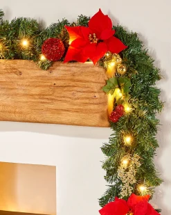 WeRChristmas Decorated Garlands|Pre Lit Garlands^Pre-Lit Multi-Function Decorated Garland, Red/Gold, 9 Ft