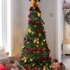 WeRChristmas Budget Christmas Trees|Pre Lit Christmas Trees^Pre-Lit Pop-Up Decorated Christmas Tree, Red/Gold, 6 Ft