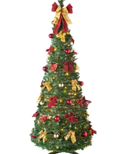 WeRChristmas Budget Christmas Trees|Pre Lit Christmas Trees^Pre-Lit Pop-Up Decorated Christmas Tree, Red/Gold, 6 Ft