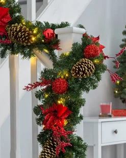 WeRChristmas Decorated Garlands|Pre Lit Garlands^Pre-Lit Red Decorated Extra Thick Garland, 9 Ft