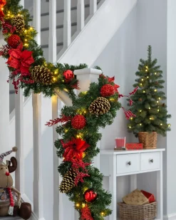 WeRChristmas Decorated Garlands|Pre Lit Garlands^Pre-Lit Red Decorated Extra Thick Garland, 9 Ft