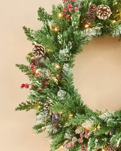 WeRChristmas Decorated Wreaths|Pre Lit Wreaths^Pre-Lit Snow Flocked Mixed Tip Wreath, 60 Cm