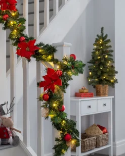 WeRChristmas Decorated Garlands|Pre Lit Garlands^Pre-Lit Warm White Decorated Garland, Red/Gold, 9 Ft
