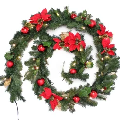 WeRChristmas Decorated Garlands|Pre Lit Garlands^Pre-Lit Warm White Decorated Garland, Red/Gold, 9 Ft