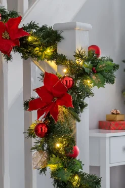 WeRChristmas Decorated Garlands|Pre Lit Garlands^Pre-Lit Warm White Decorated Garland, Red/Gold, 9 Ft