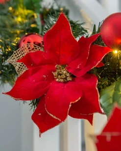 WeRChristmas Decorated Garlands|Pre Lit Garlands^Pre-Lit Warm White Decorated Garland, Red/Gold, 9 Ft