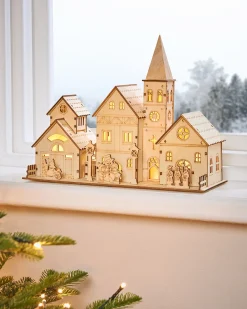 WeRChristmas Table Decorations^Pre-Lit Wooden Church Scene, 28 Cm