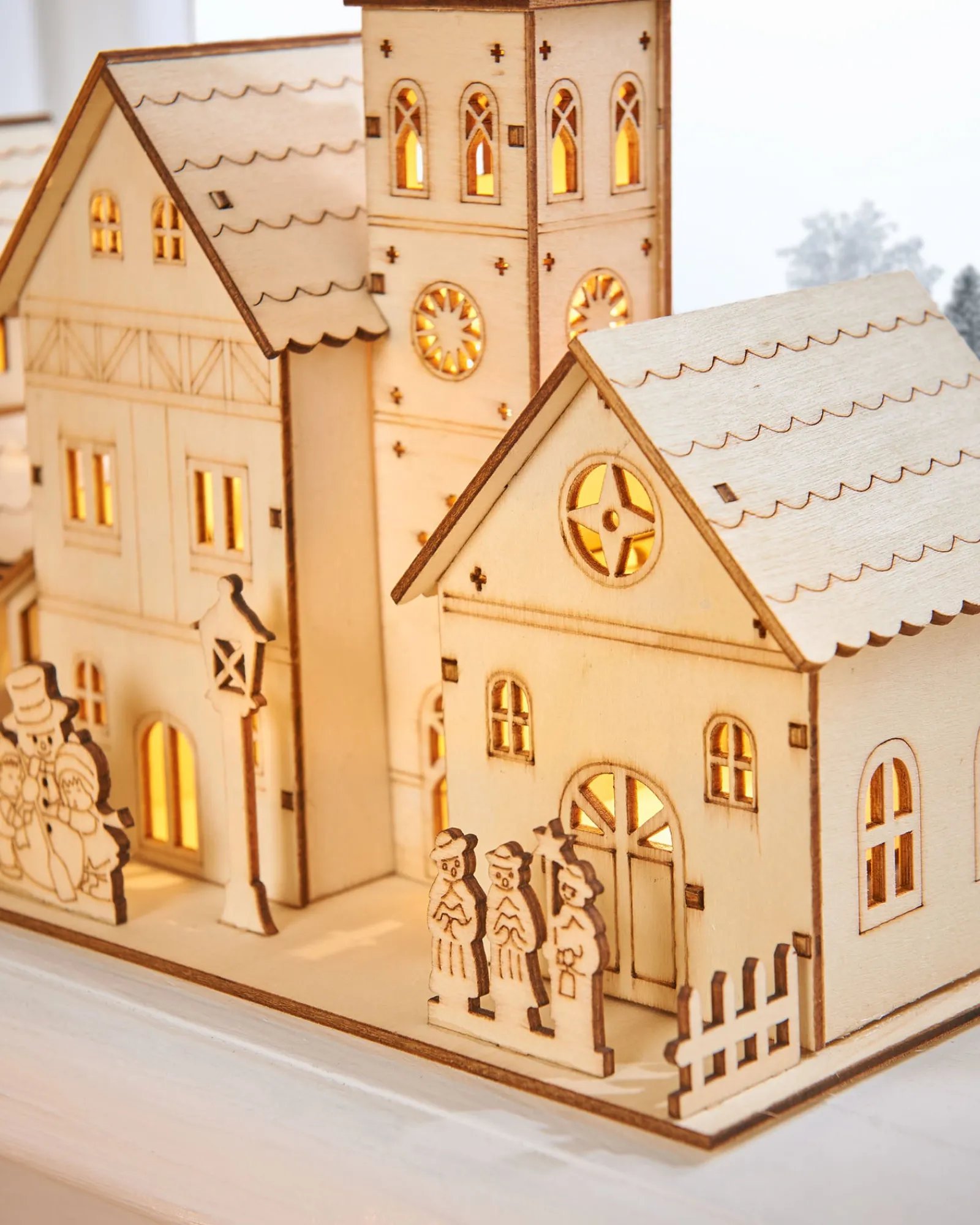 WeRChristmas Table Decorations^Pre-Lit Wooden Church Scene, 28 Cm