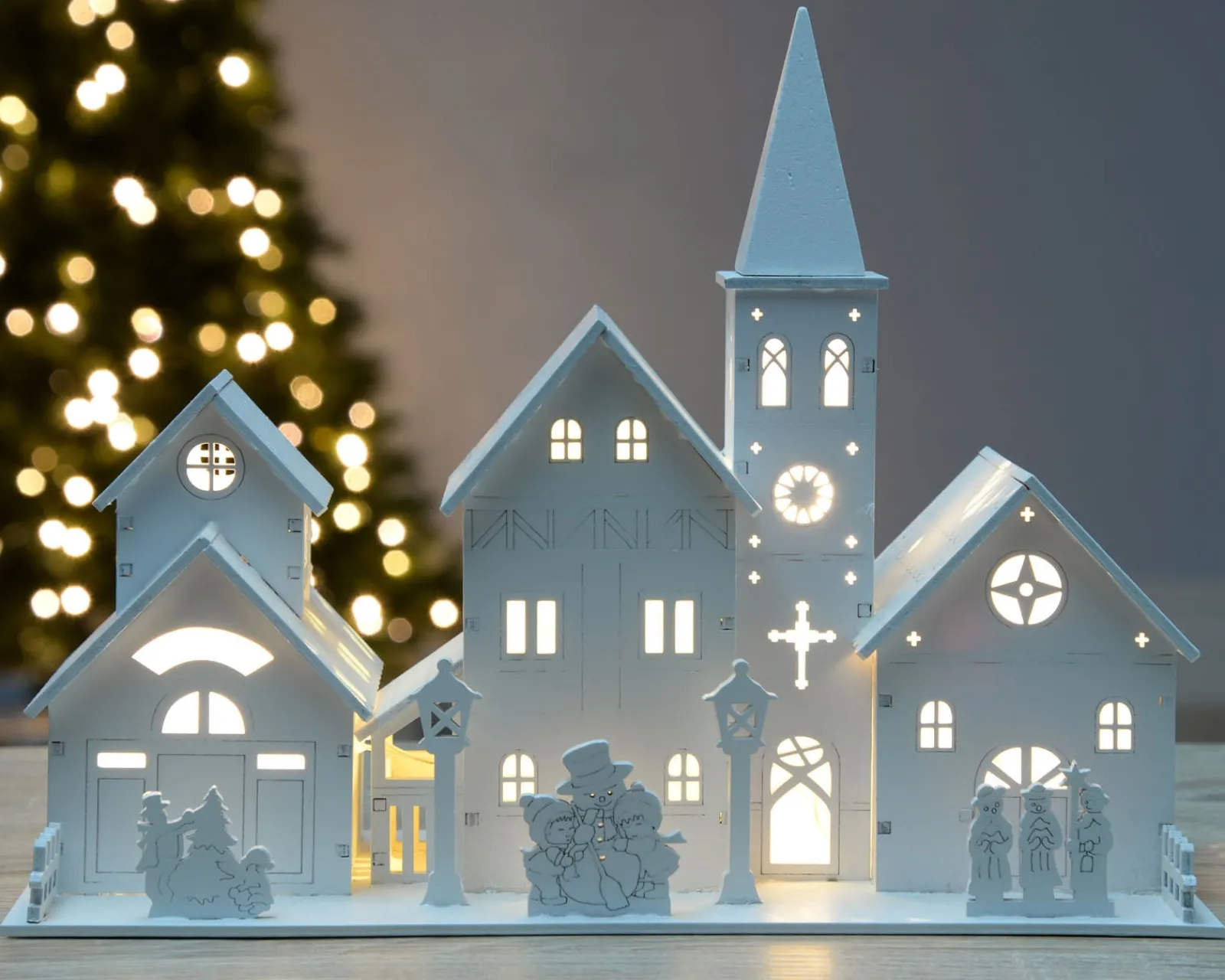 WeRChristmas Table Decorations^Pre-Lit Wooden Church Scene, 22 Cm