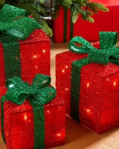 WeRChristmas Table Decorations^Set Of 3 Pre-Lit Gift Box Silhouettes, Red, 26 Cm