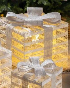 WeRChristmas Table Decorations^Set Of 3 Pre-Lit Paper String And Gauze Gift Boxes, 26 Cm